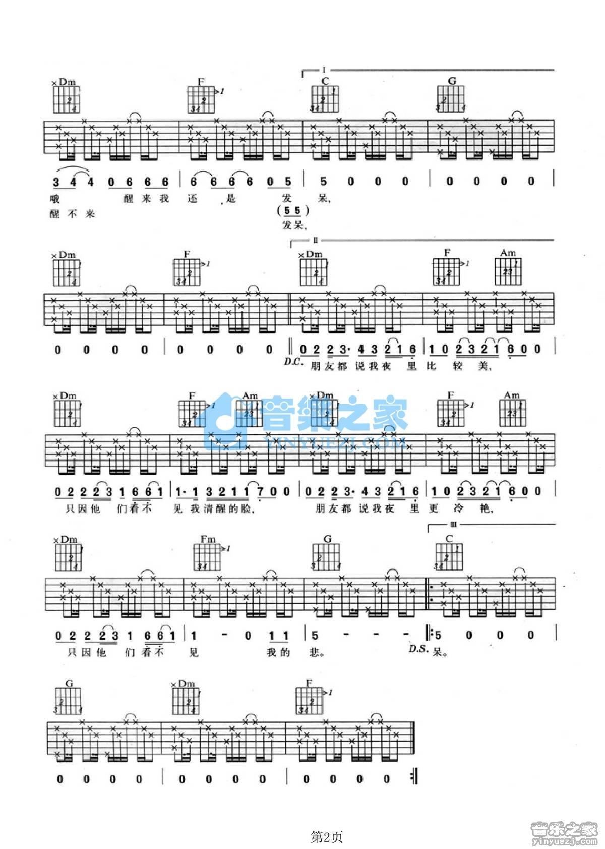 《醒不来吉他谱》_王菲_C调_吉他图片谱2张 图2