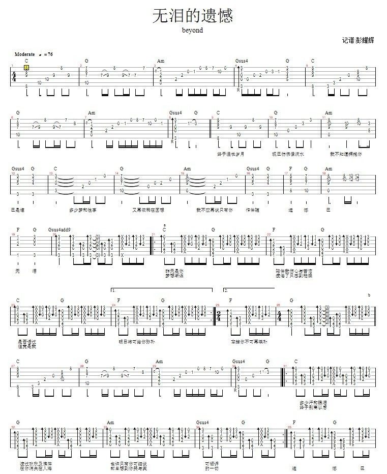 《无泪的遗憾吉他谱》_Beyond_未知调_吉他图片谱2张 图1