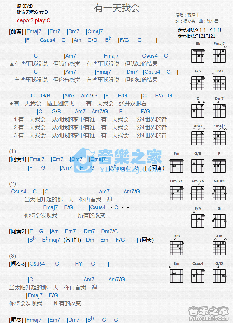 《有一天我会吉他谱》_蔡淳佳_C调_吉他图片谱1张 图1