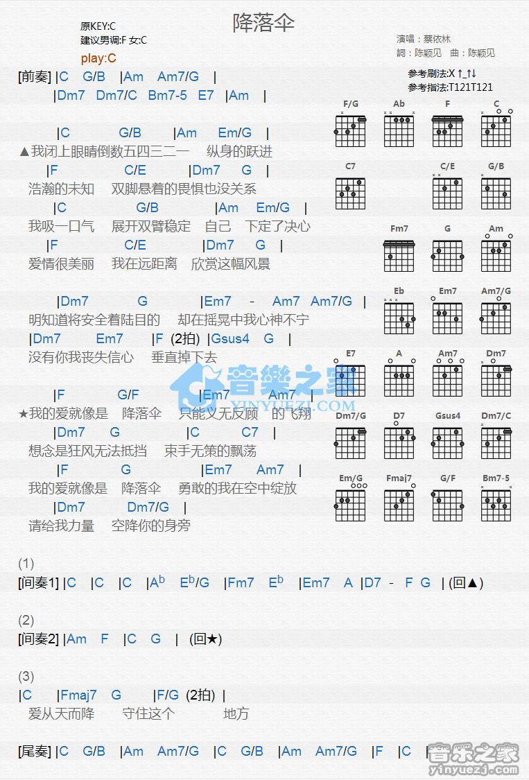 《降落伞吉他谱》_蔡依林_C调_吉他图片谱1张 图1