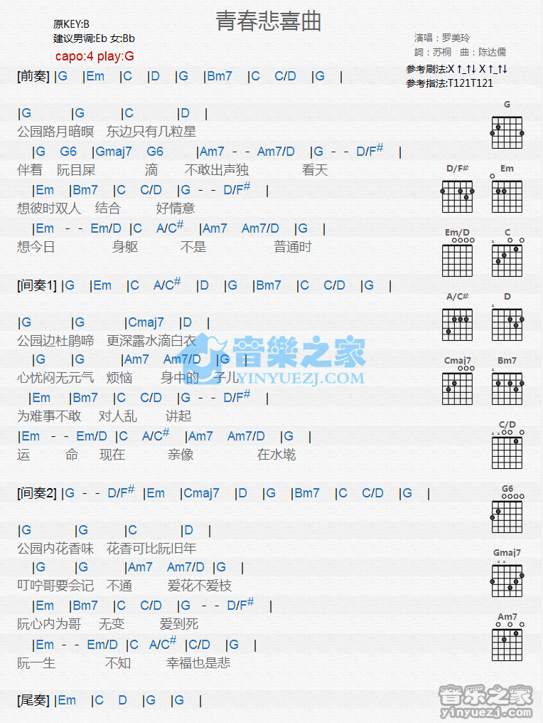 《青春悲喜曲吉他谱》_罗美玲_G调_吉他图片谱1张 图1