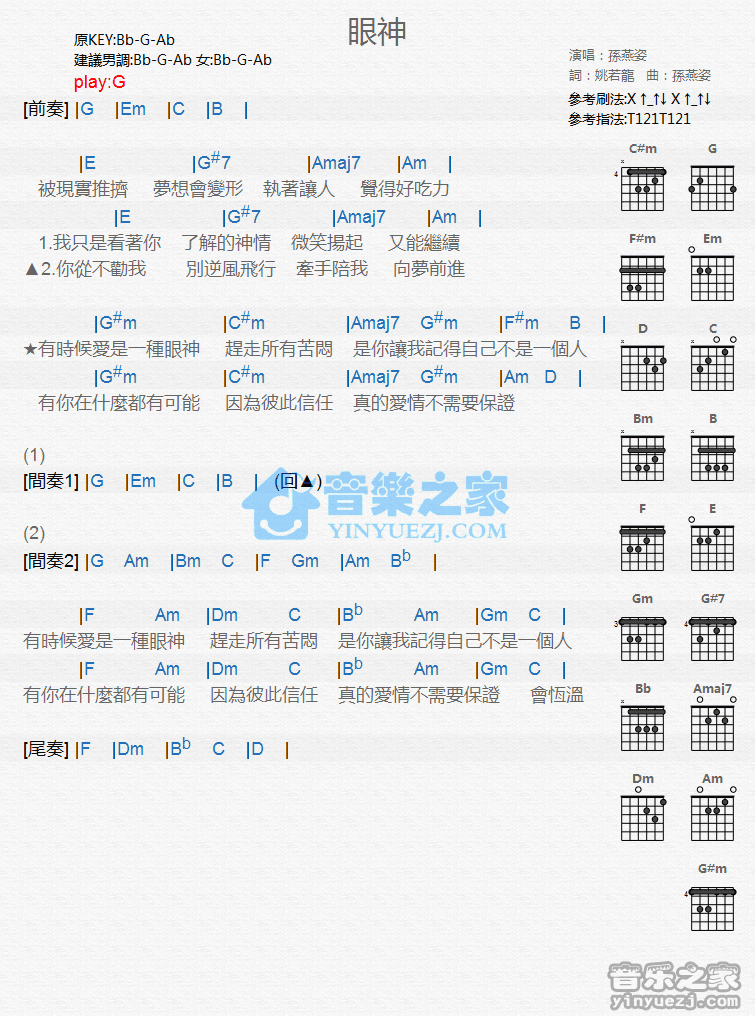 《眼神吉他谱》_孙燕姿_G调_吉他图片谱1张 图1