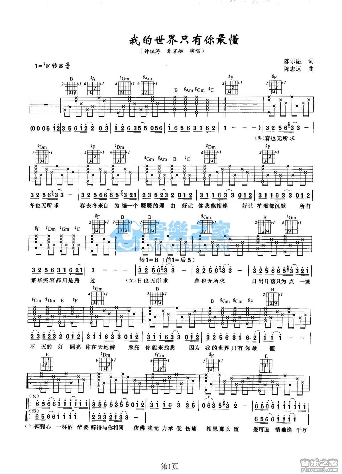 《我的世界只有你最懂吉他谱》_钟镇涛/章容舫_未知调_吉他图片谱2张 图1