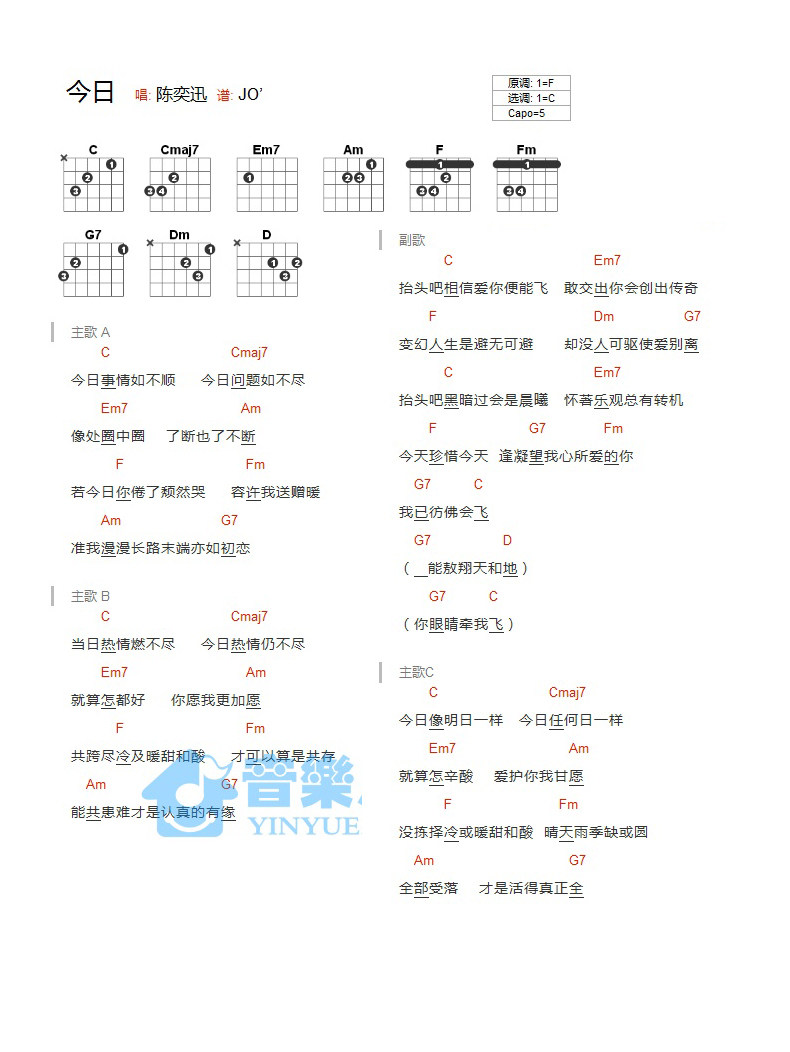 《今日吉他谱》_陈奕迅_C调_吉他图片谱1张 图1