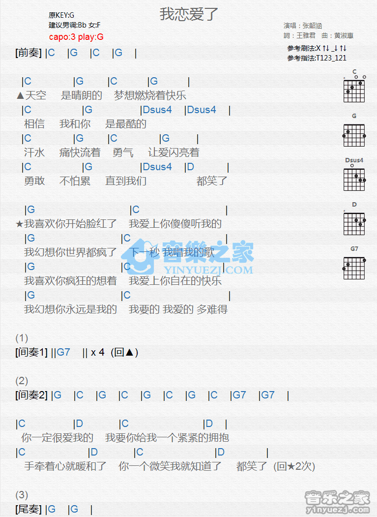 《我恋爱了吉他谱》_张韶涵_G调_吉他图片谱1张 图1