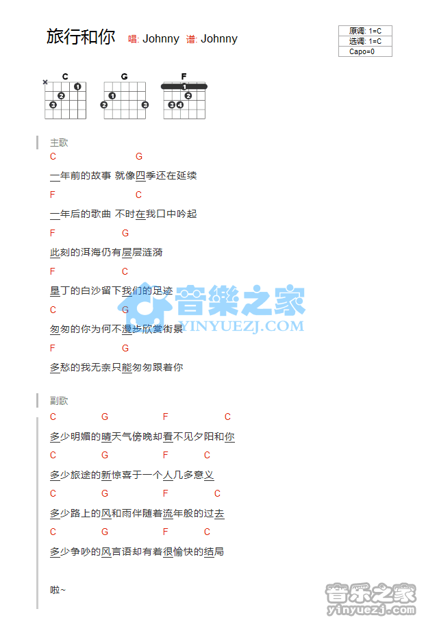 《旅行和你吉他谱》_Johnny_C调_吉他图片谱1张 图1