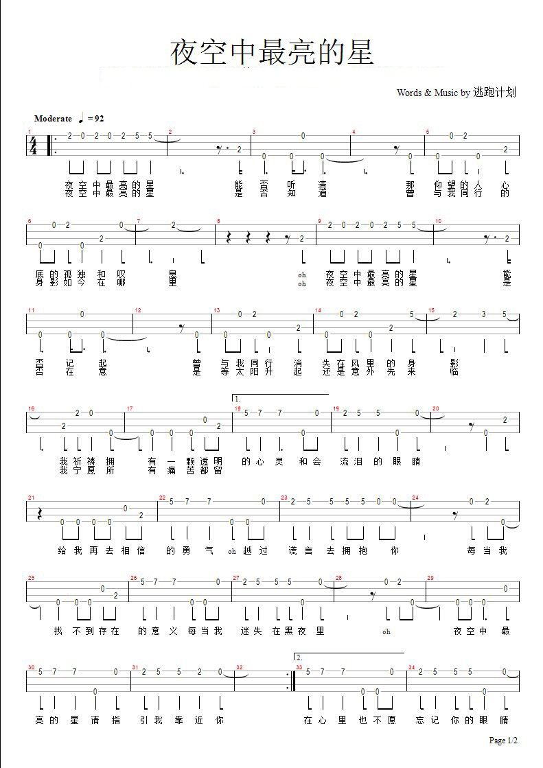 《夜空中最亮的星吉他谱》_逃跑计划乐队_未知调_吉他图片谱2张 图1