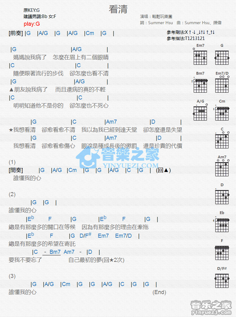 《看清吉他谱》_轻松玩乐团_G调_吉他图片谱1张 图1