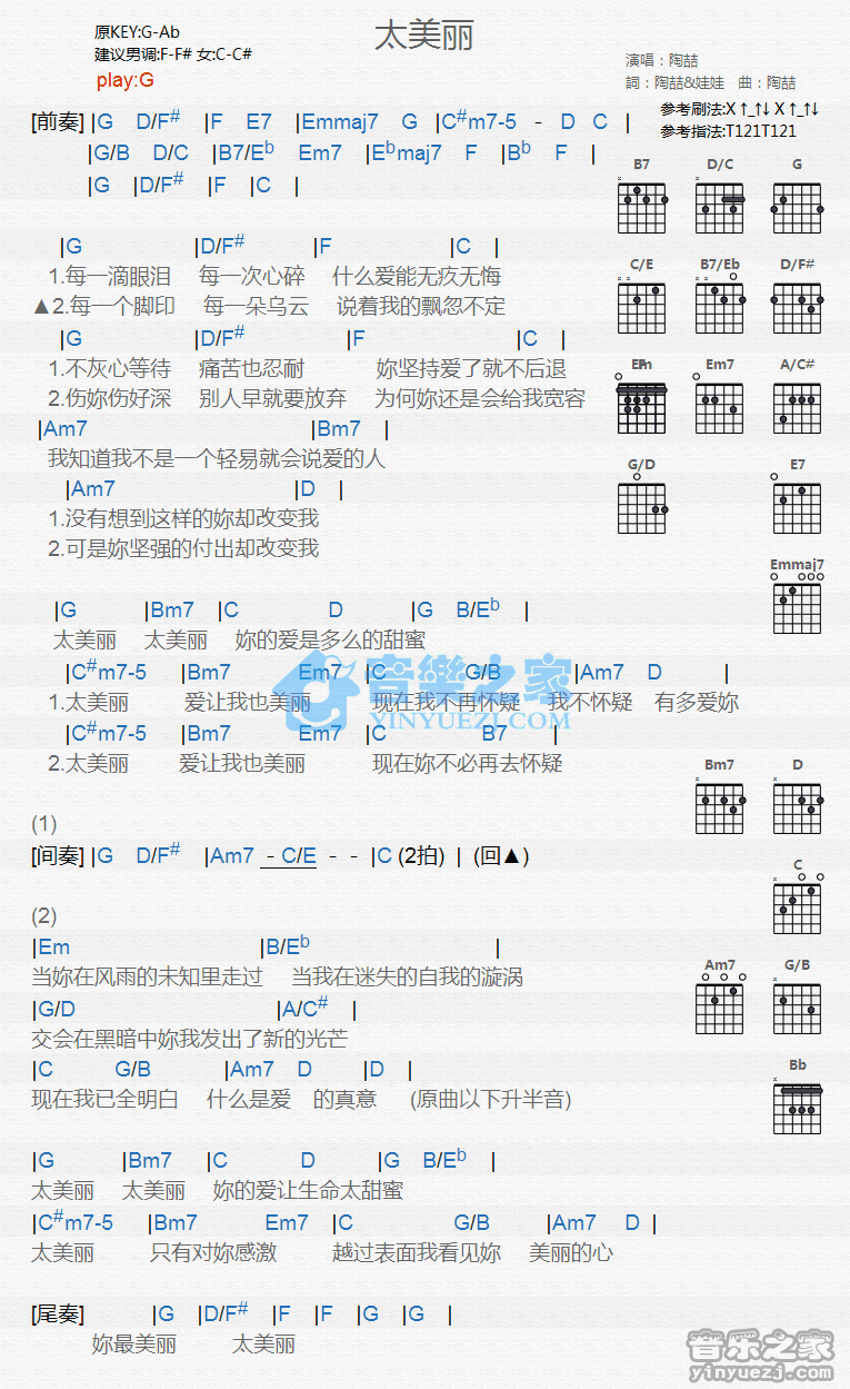 《大美丽吉他谱》_陶喆_G调_吉他图片谱1张 图1