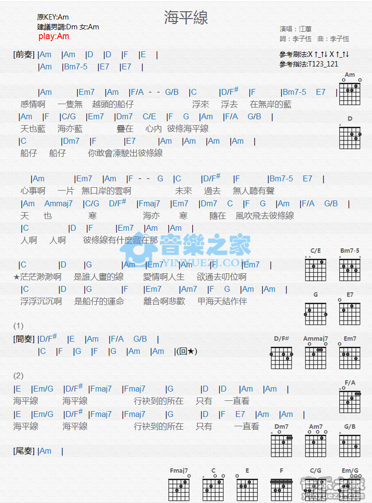 《海平线吉他谱》_江蕙_C调_吉他图片谱1张 图1