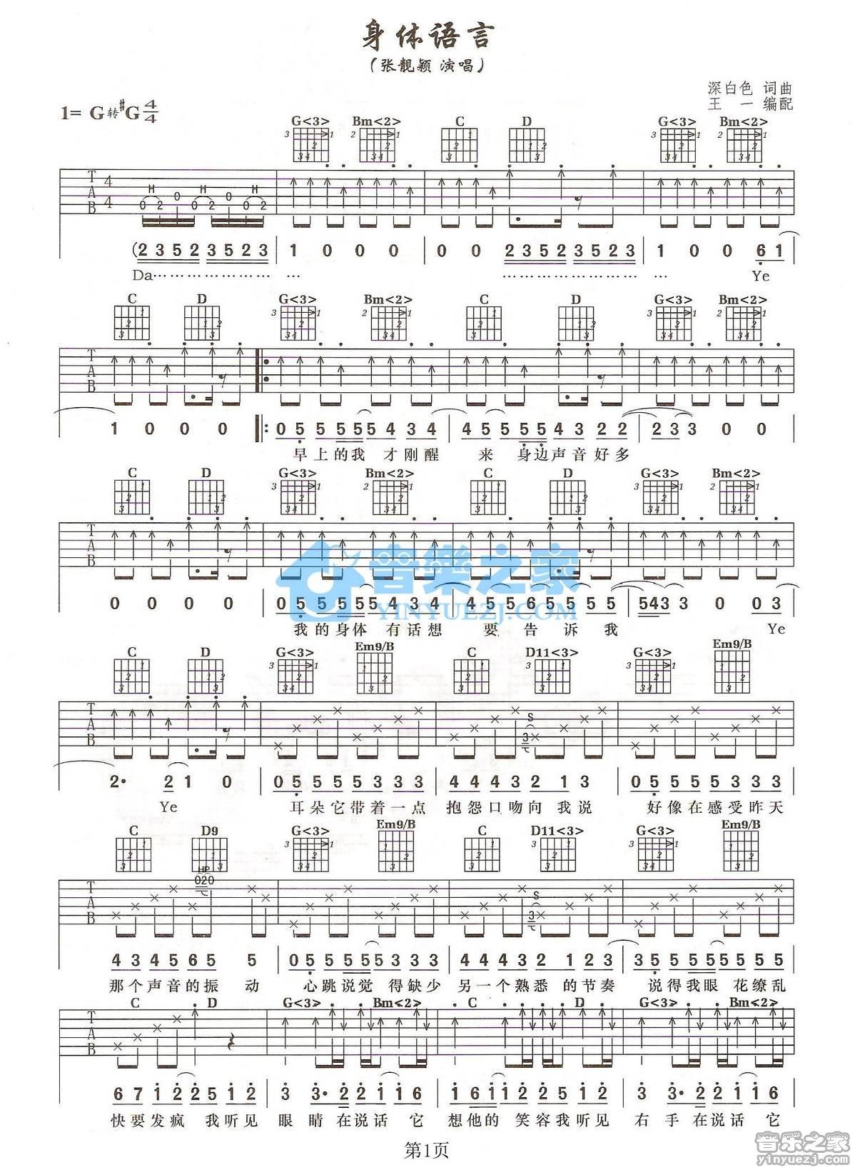 《身体语言吉他谱》_张靓颖_未知调_吉他图片谱2张 图1
