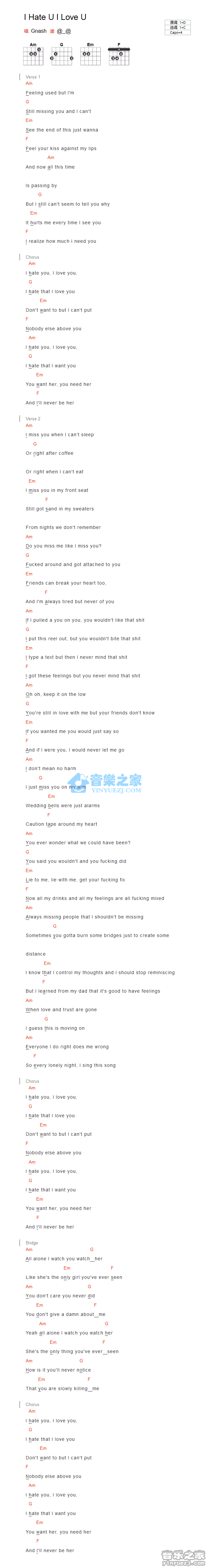 《I Hate U I Love U吉他谱》_Gnash_C调_吉他图片谱1张 图1