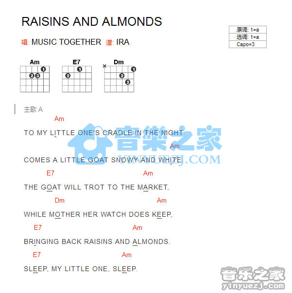 《Raisins And Almonds吉他谱》_儿歌_A调_吉他图片谱1张 图1