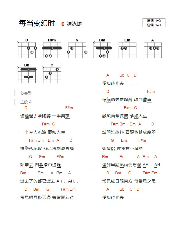 《每当变幻时吉他谱》_谭咏麟_D调_吉他图片谱1张 图1