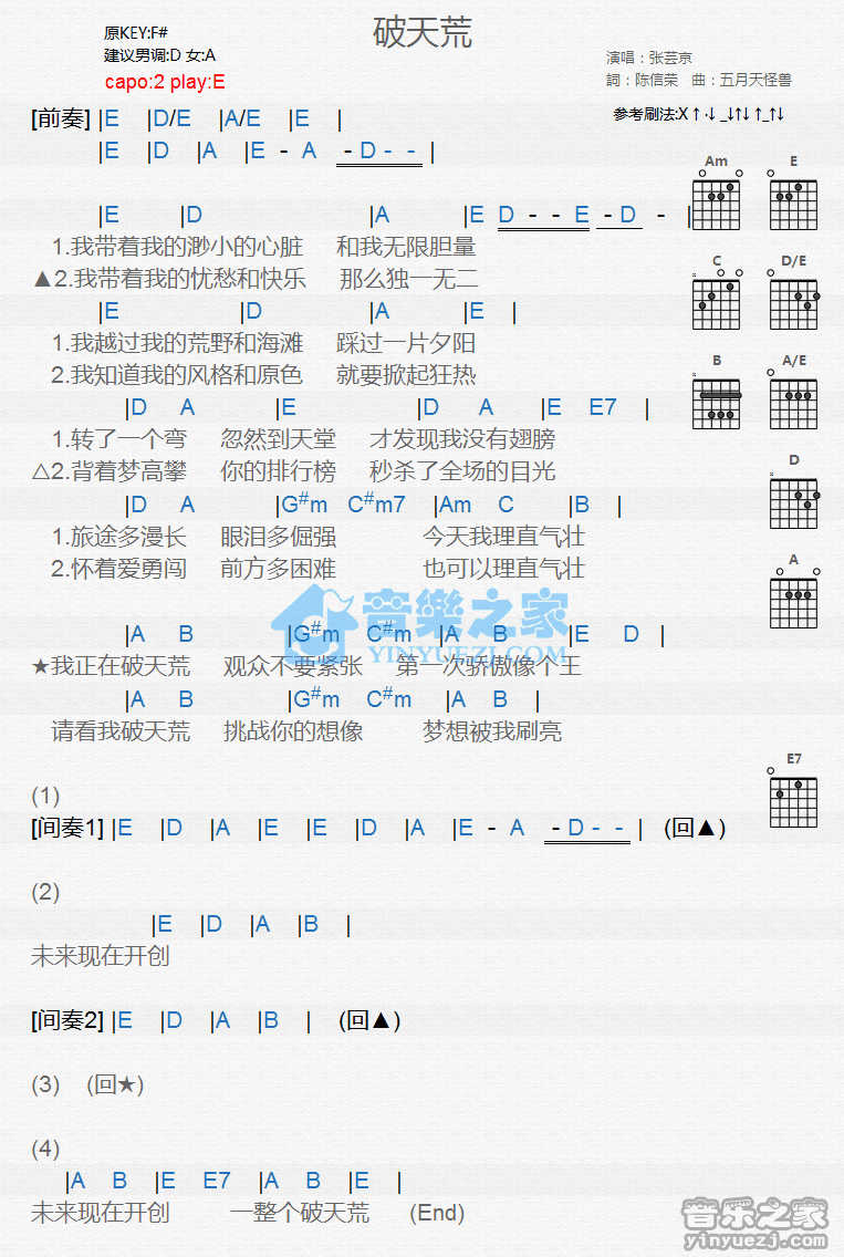 《破天荒吉他谱》_张芸京_E调_吉他图片谱1张 图1