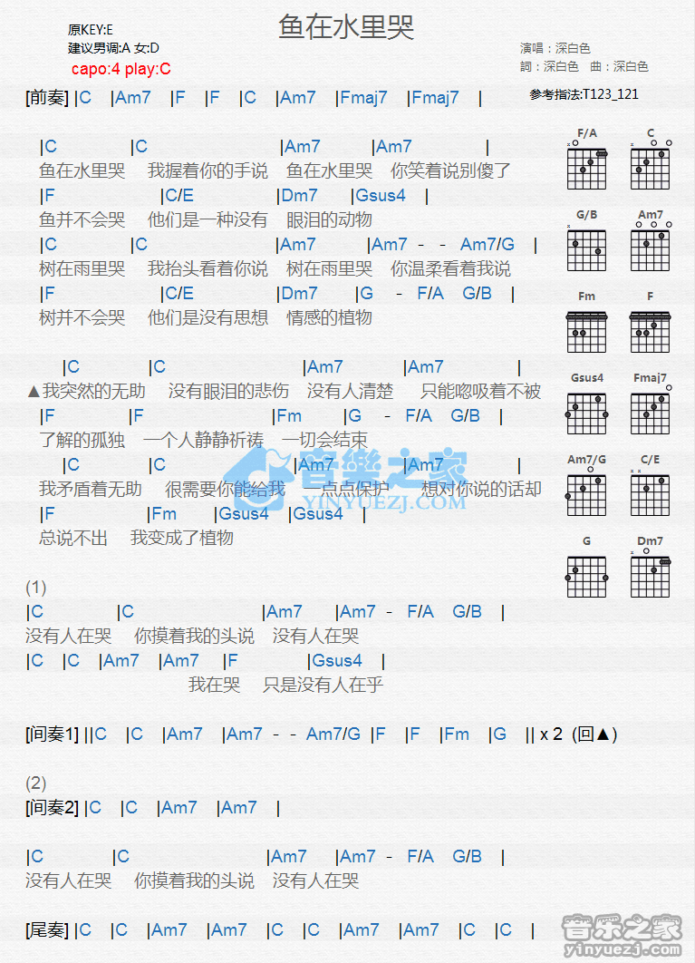 《鱼在水里哭吉他谱》_深白色_C调_吉他图片谱1张 图1