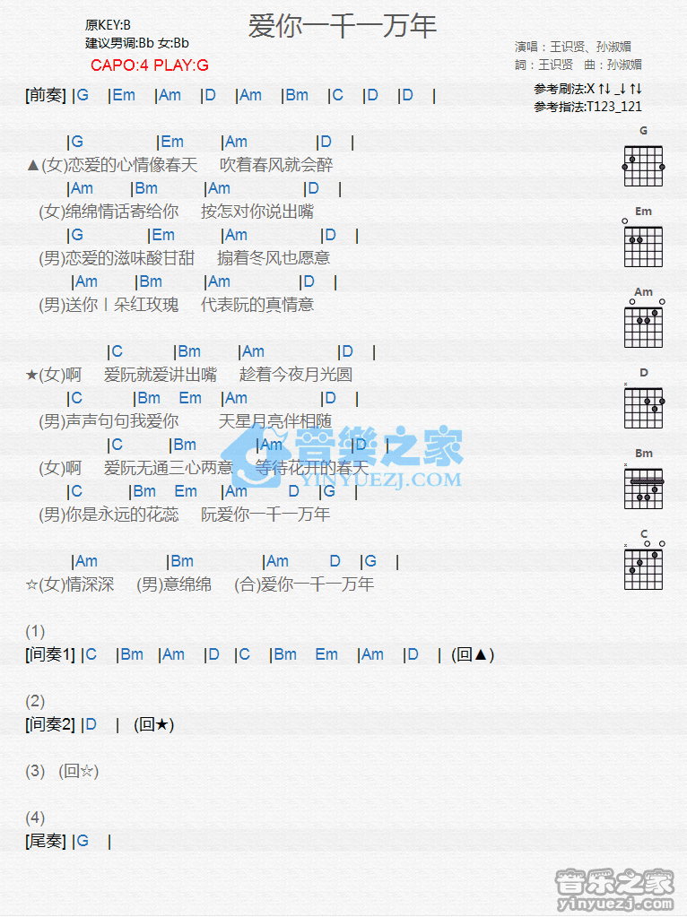 《爱你一千一万年吉他谱》_王识贤/孙淑媚_G调_吉他图片谱1张 图1