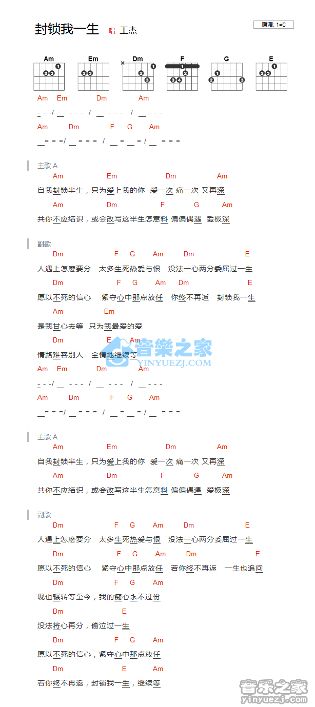 《封锁我一生吉他谱》_王杰_C调_吉他图片谱1张 图1