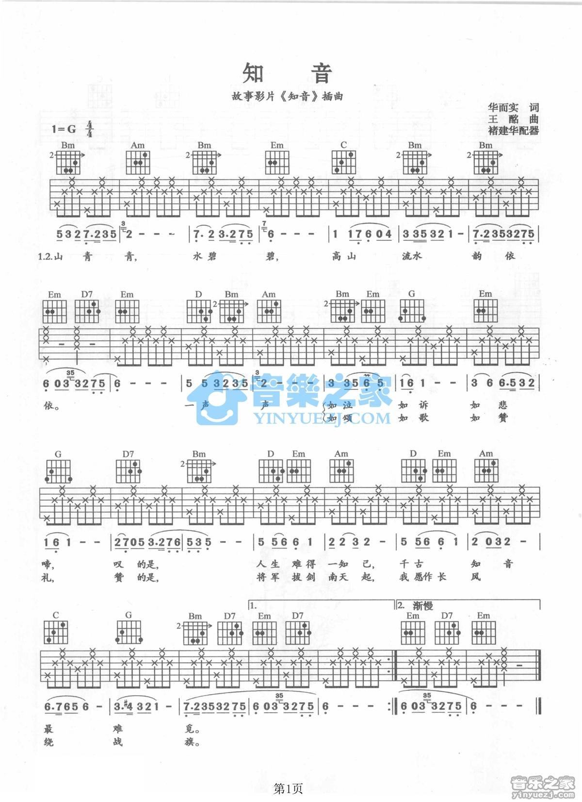 《知音吉他谱》_李谷一_G调_吉他图片谱1张 图1