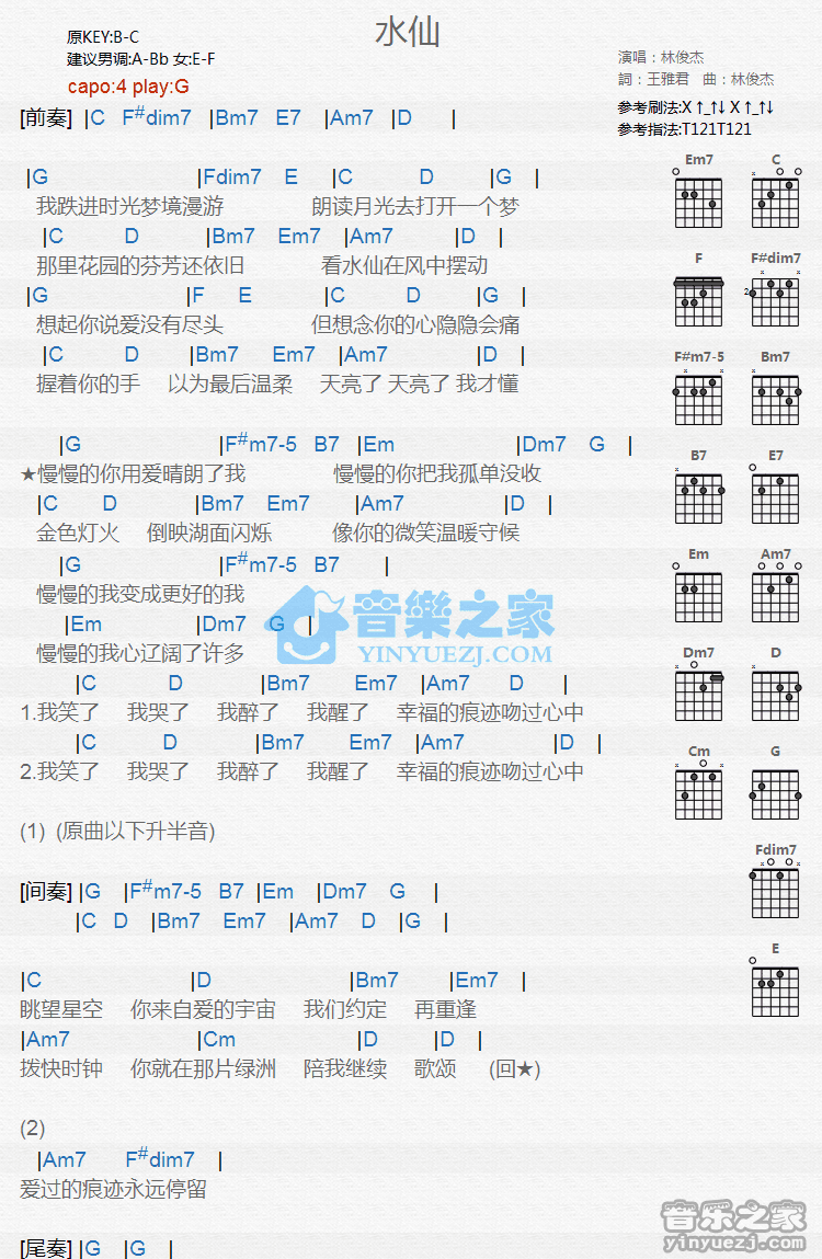 《水仙吉他谱》_林俊杰_G调_吉他图片谱1张 图1