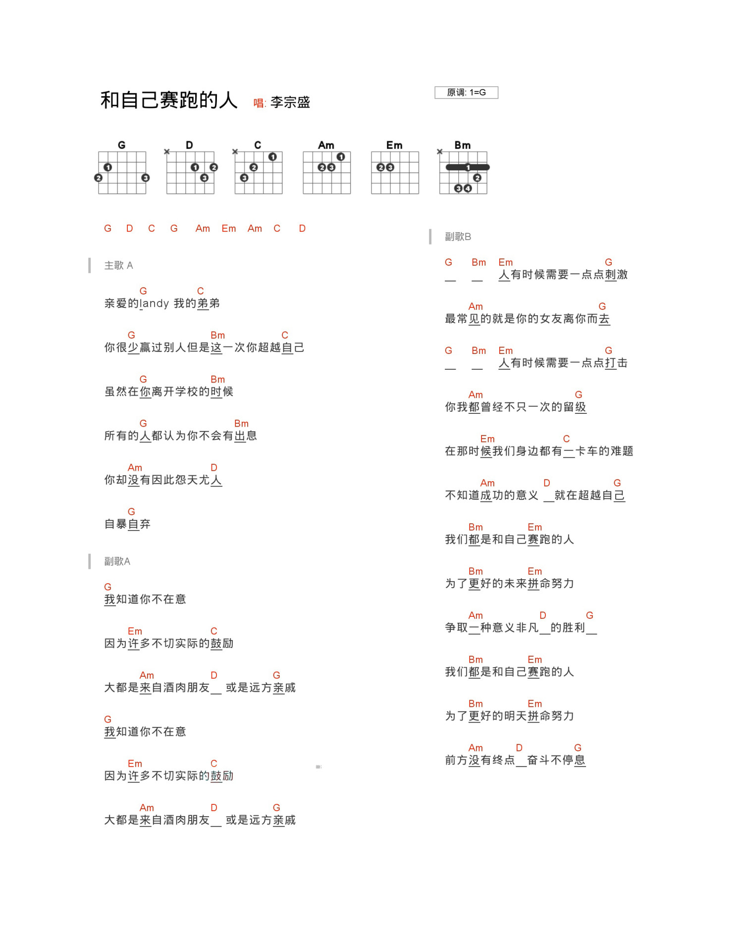 《和自己赛跑的人吉他谱》_李宗盛_G调_吉他图片谱1张 图1