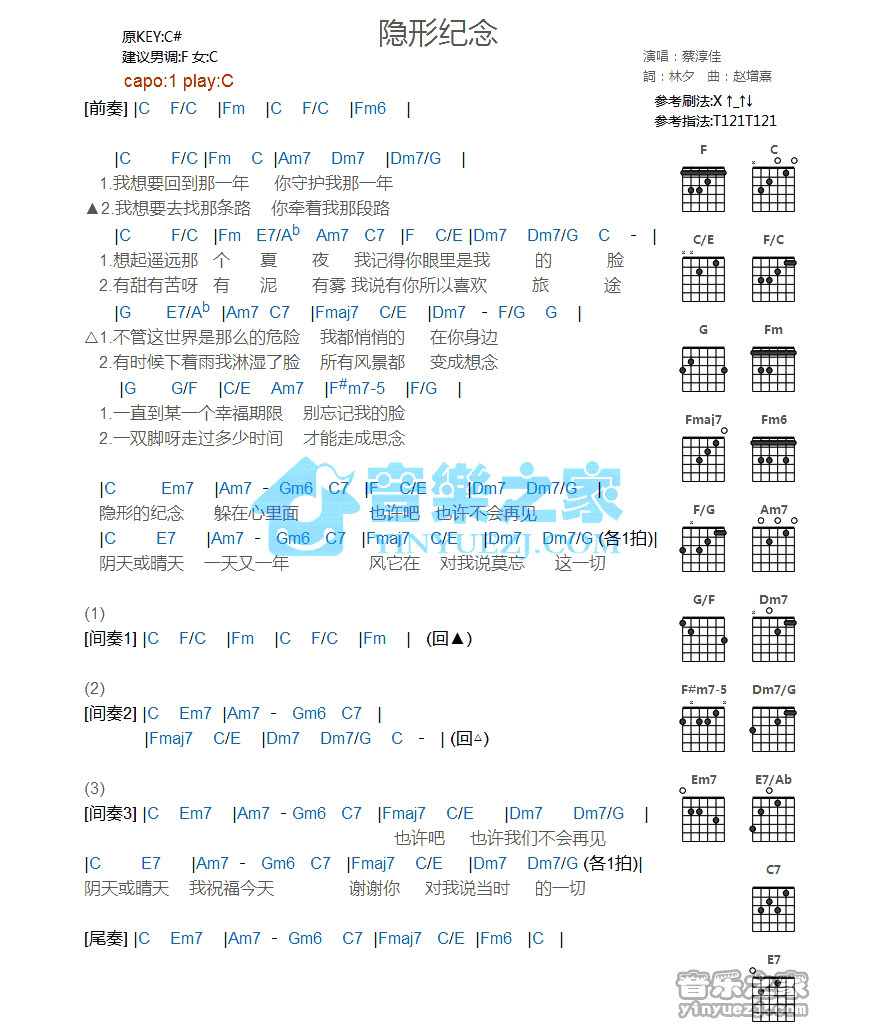 《隐形纪念吉他谱》_蔡淳佳_C调_吉他图片谱1张 图1