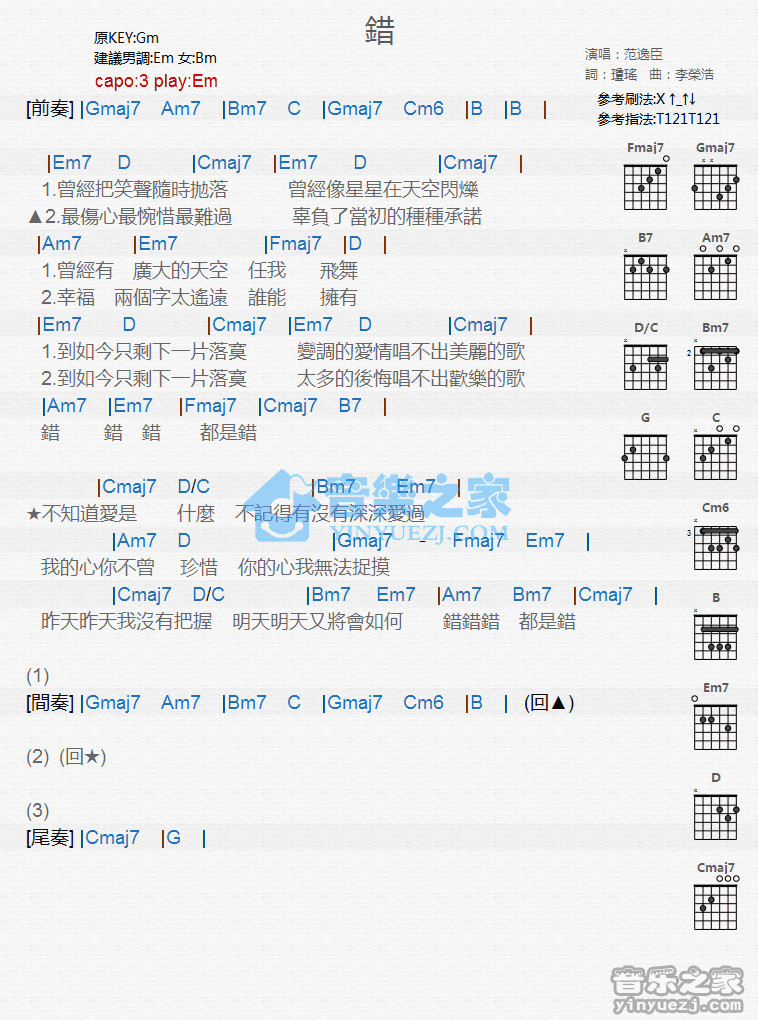 《错吉他谱》_范逸臣_G调_吉他图片谱1张 图1