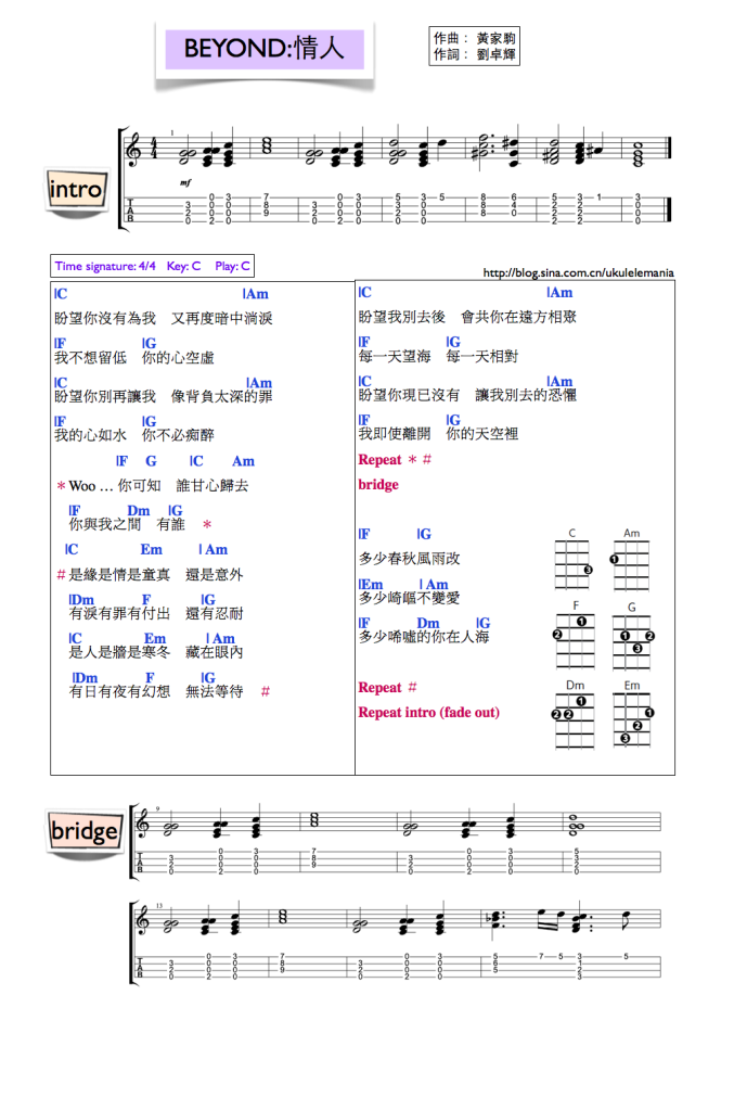 《情人吉他谱》_beyond_未知调_吉他图片谱1张 图1