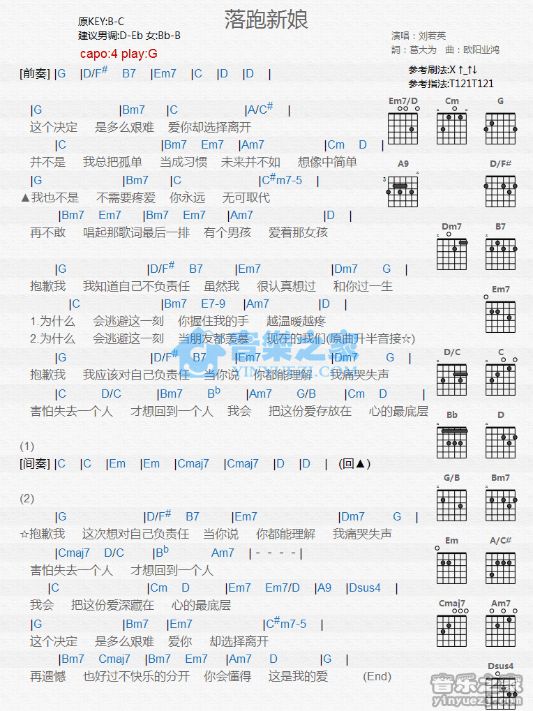 《落跑新娘吉他谱》_刘若英_G调_吉他图片谱1张 图1