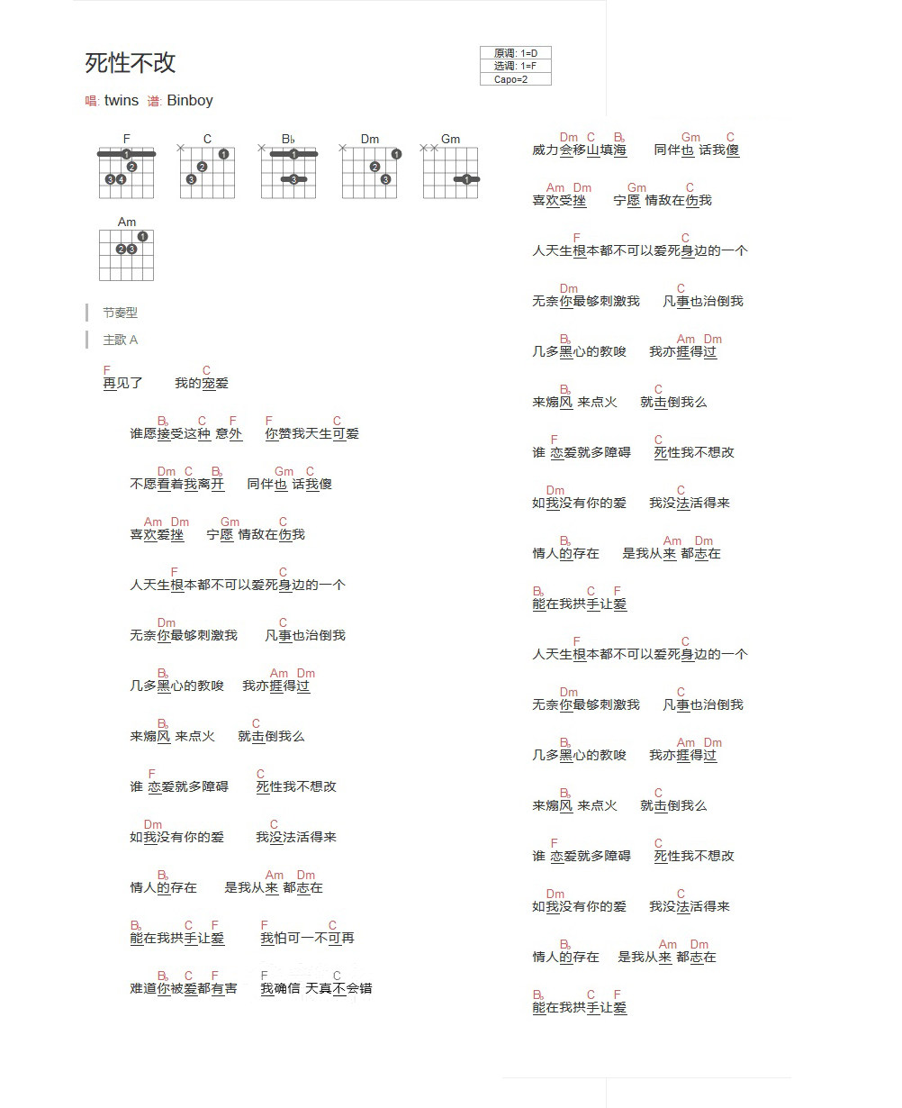 《死性不改吉他谱》_Twins_F调_吉他图片谱1张 图1