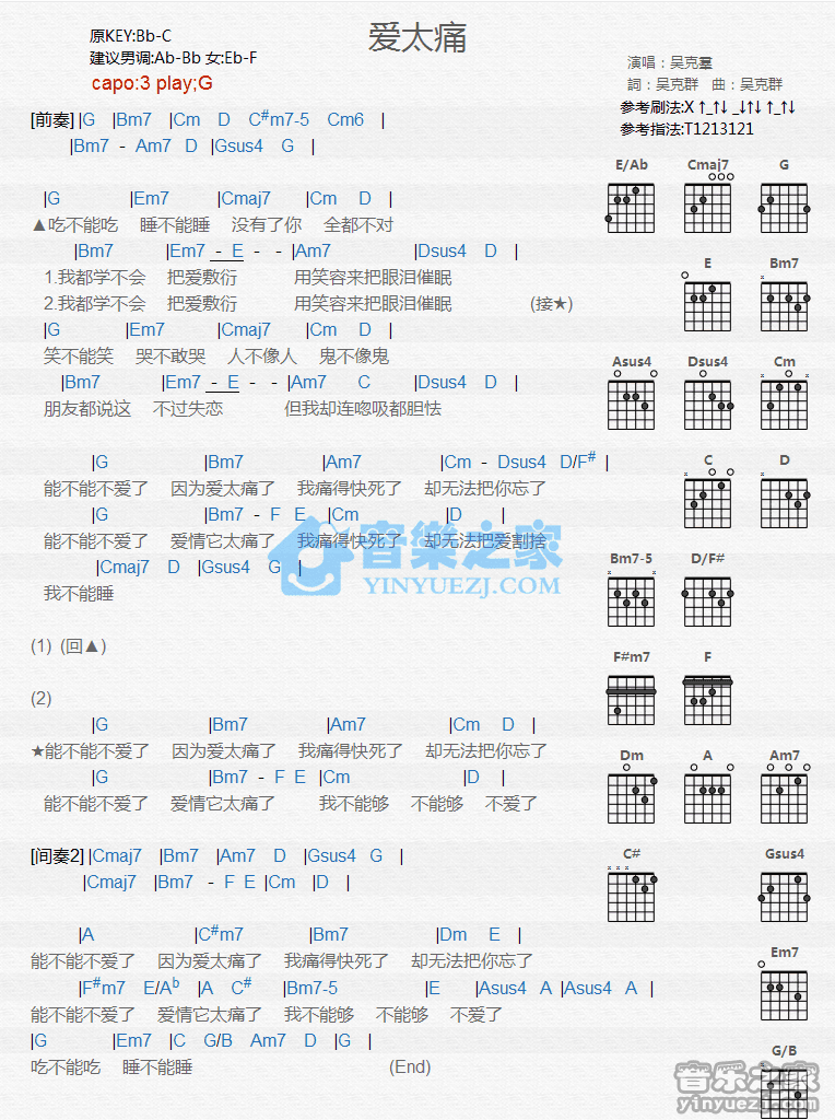 《爱太痛吉他谱》_吴克t_G调_吉他图片谱1张 图1