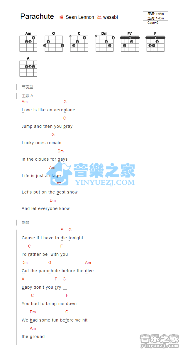 《Parachute吉他谱》_Sean Lennon_F调_吉他图片谱1张 图1