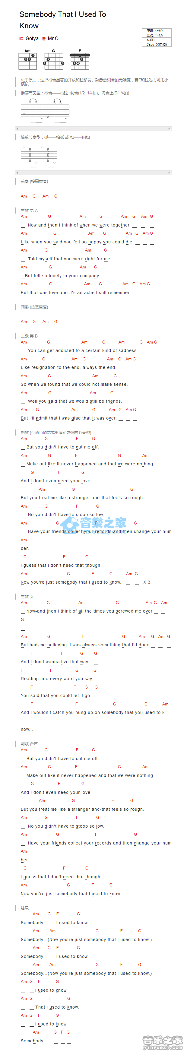 《Somebody That I Used To Know吉他谱》_Gotye_未知调_吉他图片谱1张 图1