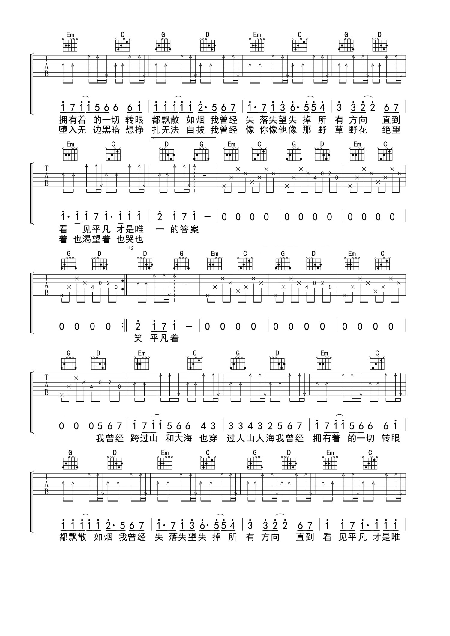 《平凡之路吉他谱》_朴树_G调_吉他图片谱2张 图2