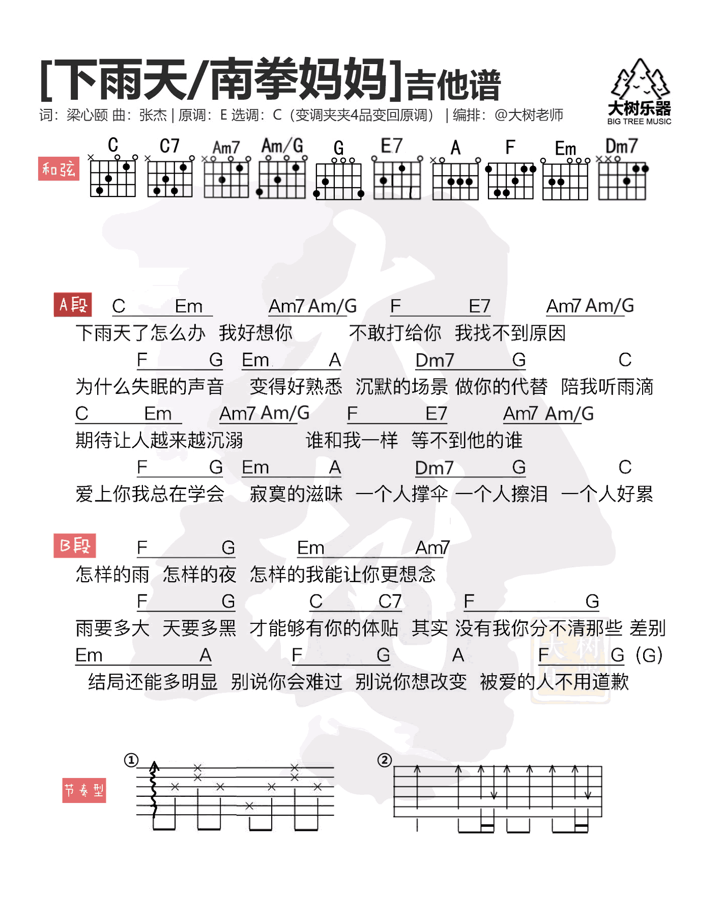 下雨天吉他譜南拳媽媽c調吉他圖片譜1張