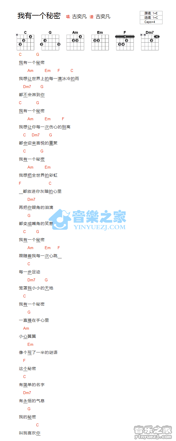 《我有一个秘密吉他谱》_古奕凡_C调_吉他图片谱1张 图1