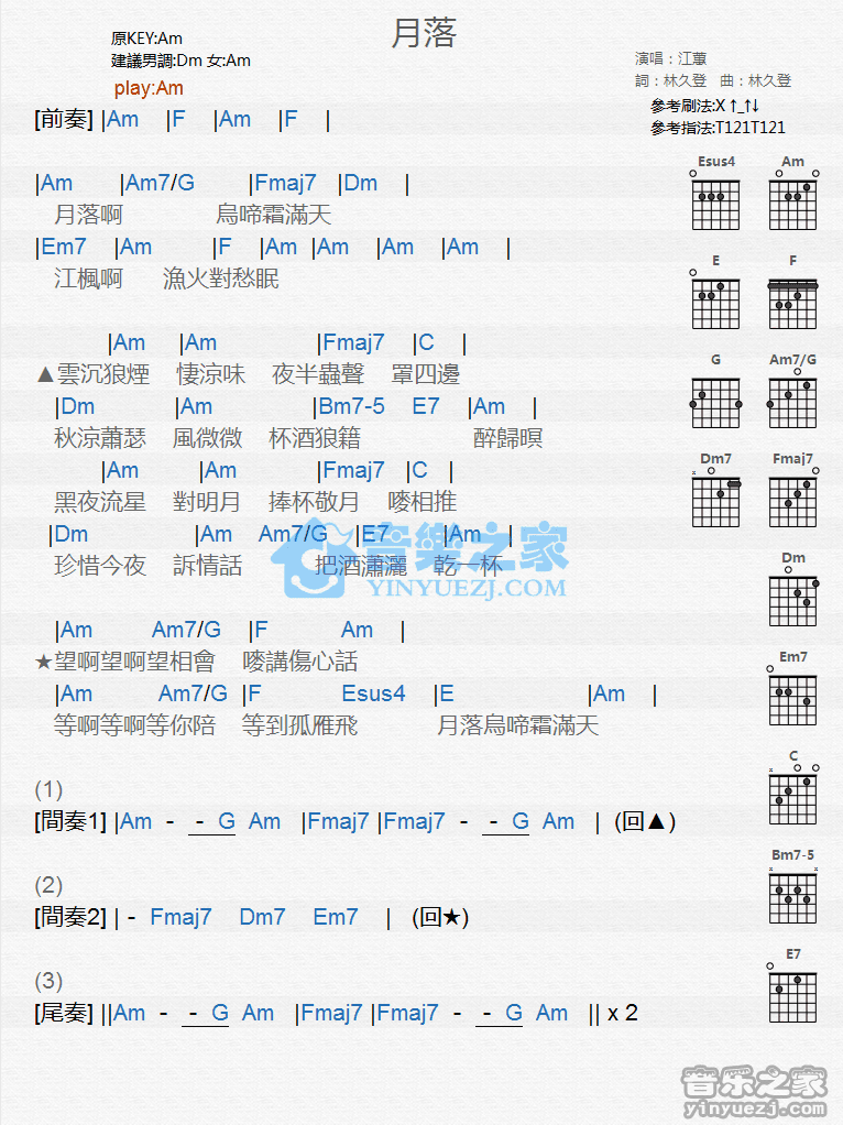 《月落吉他谱》_江蕙_C调_吉他图片谱1张 图1