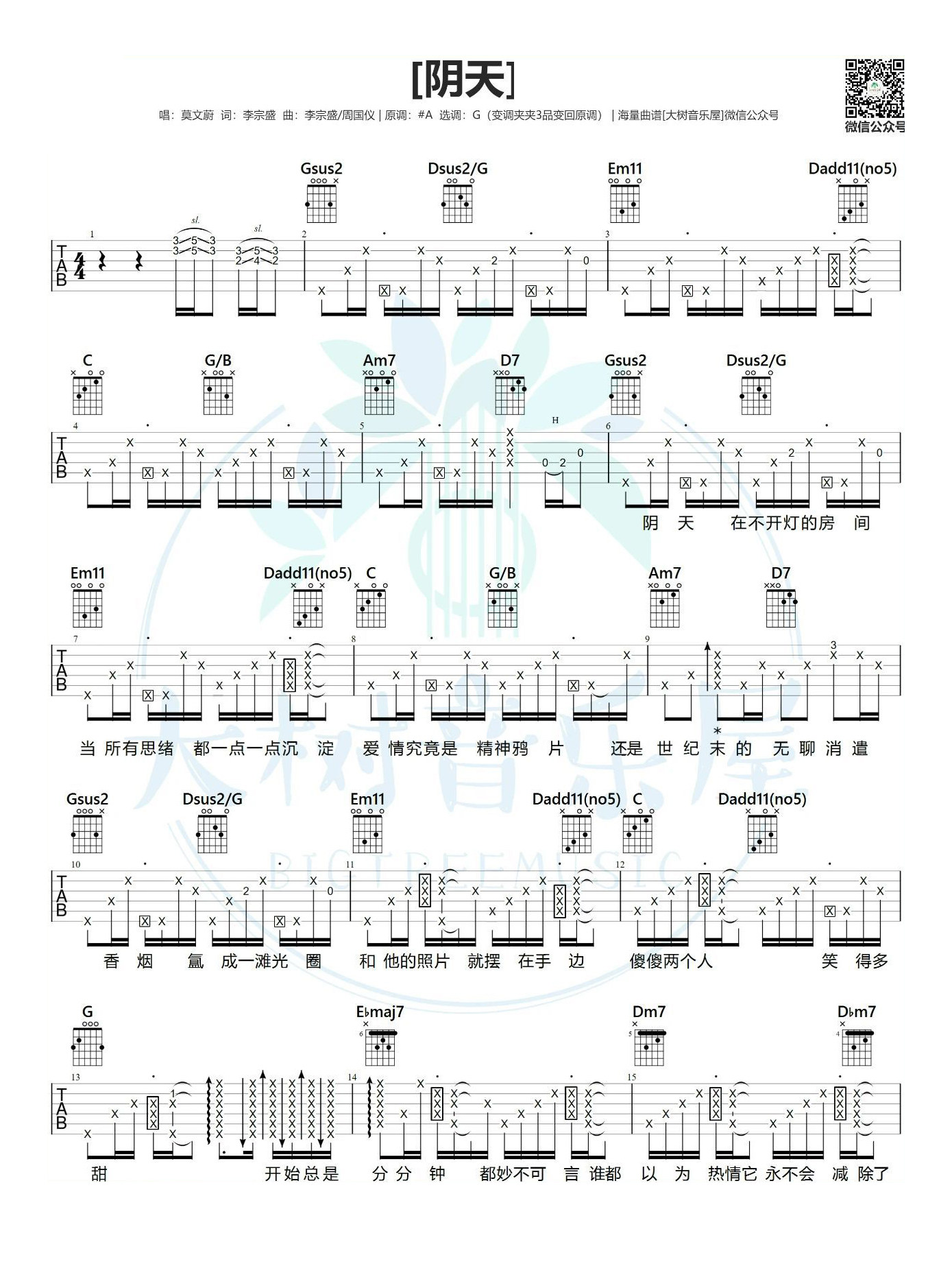 《阴天吉他谱》_莫文蔚_G调_吉他图片谱2张 图1