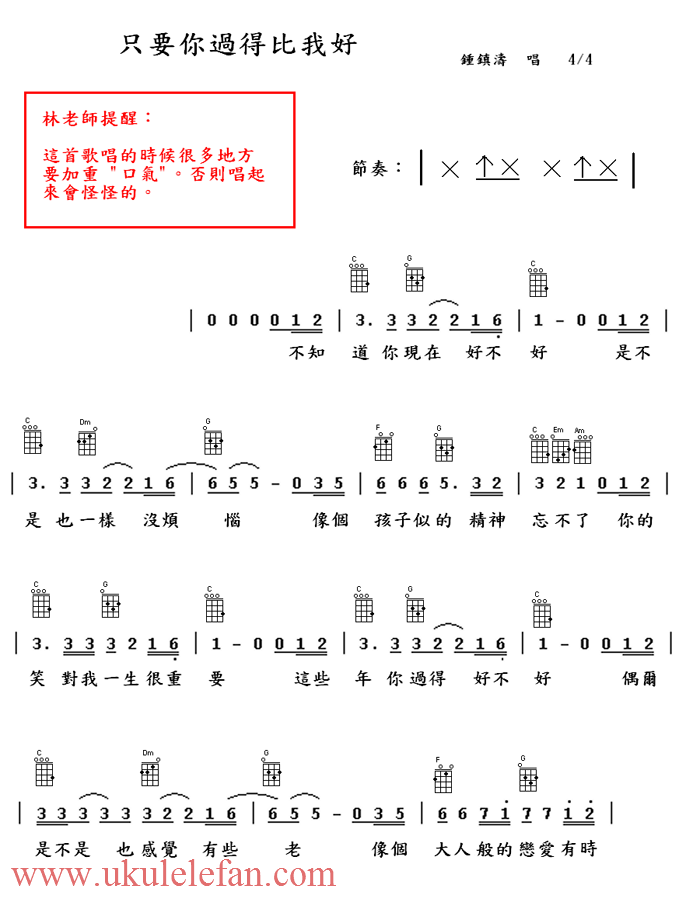 《只要你过得比我好吉他谱》__C调_吉他图片谱2张 图1