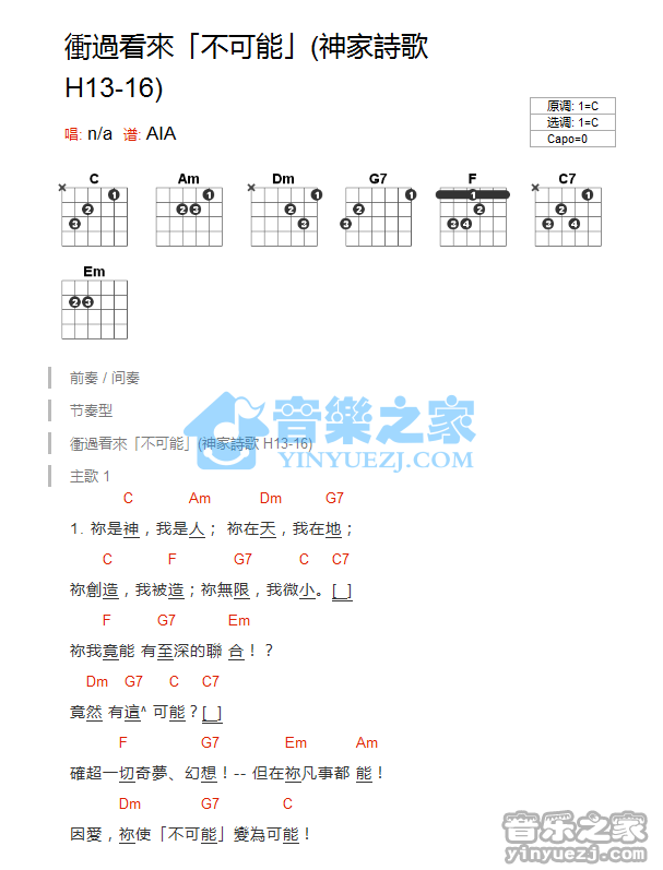 《冲过看来不可能吉他谱》_神家诗歌_C调_吉他图片谱1张 图1