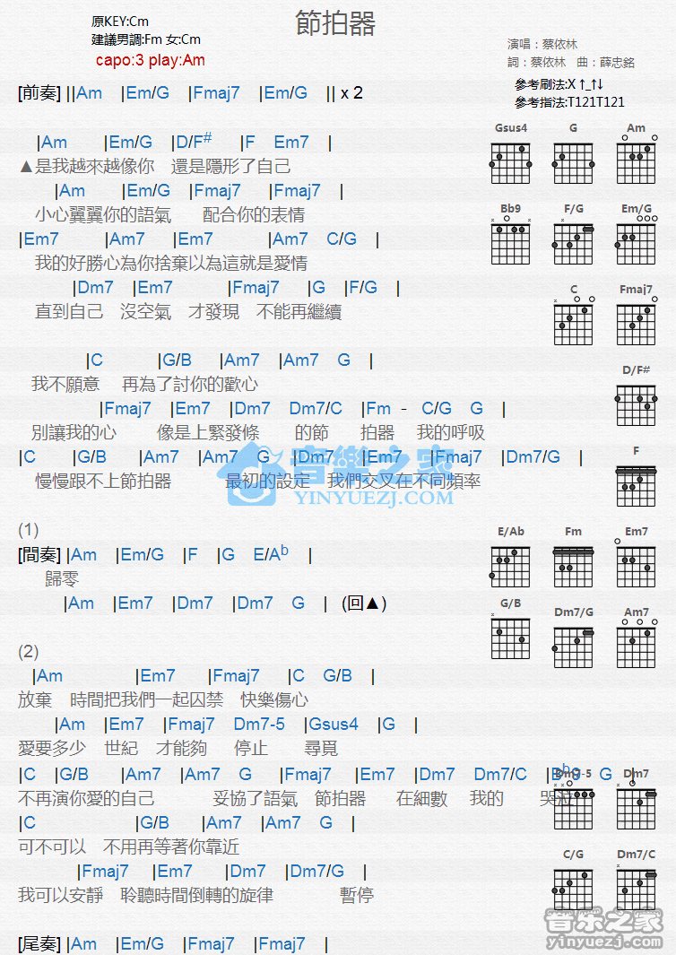 《节拍器吉他谱》_蔡依林_C调_吉他图片谱1张 图1