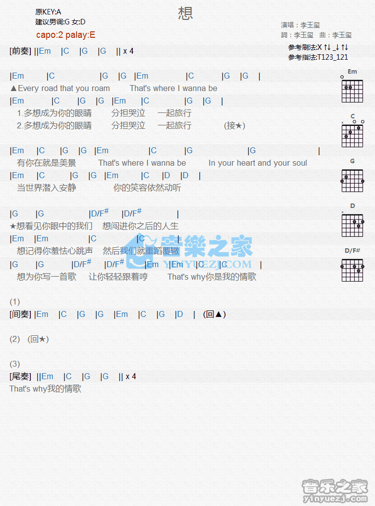 《想吉他谱》_李玉玺_E调_吉他图片谱1张 图1