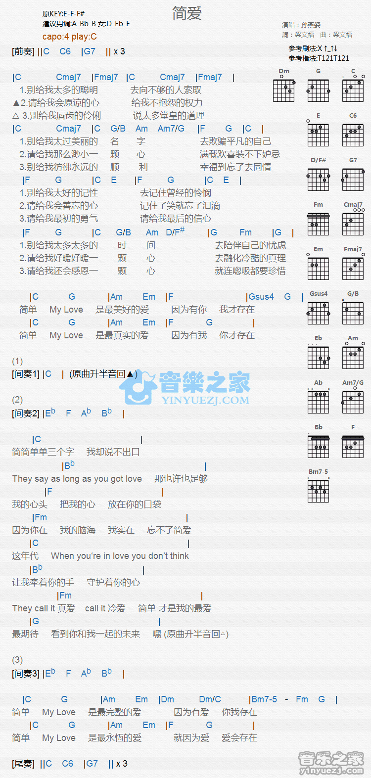 《简爱吉他谱》_孙燕姿_C调_吉他图片谱1张 图1