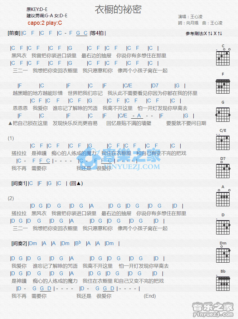 《衣橱的秘密吉他谱》_王心凌_C调_吉他图片谱1张 图1