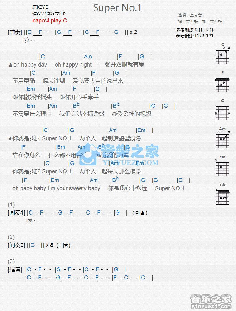 《Super No.1吉他谱》_卓文萱_C调_吉他图片谱1张 图1