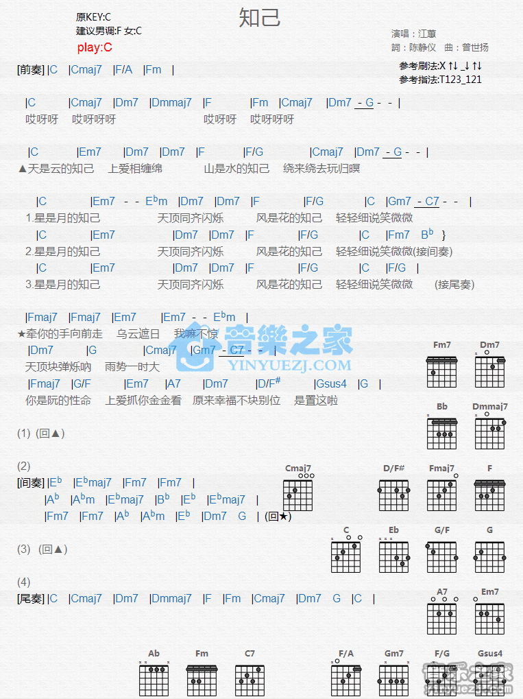 《知己吉他谱》_江蕙_C调_吉他图片谱1张 图1