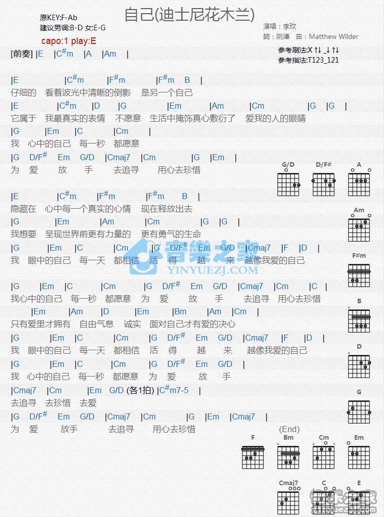 《自己吉他谱》_李玟_E调_吉他图片谱1张 图1