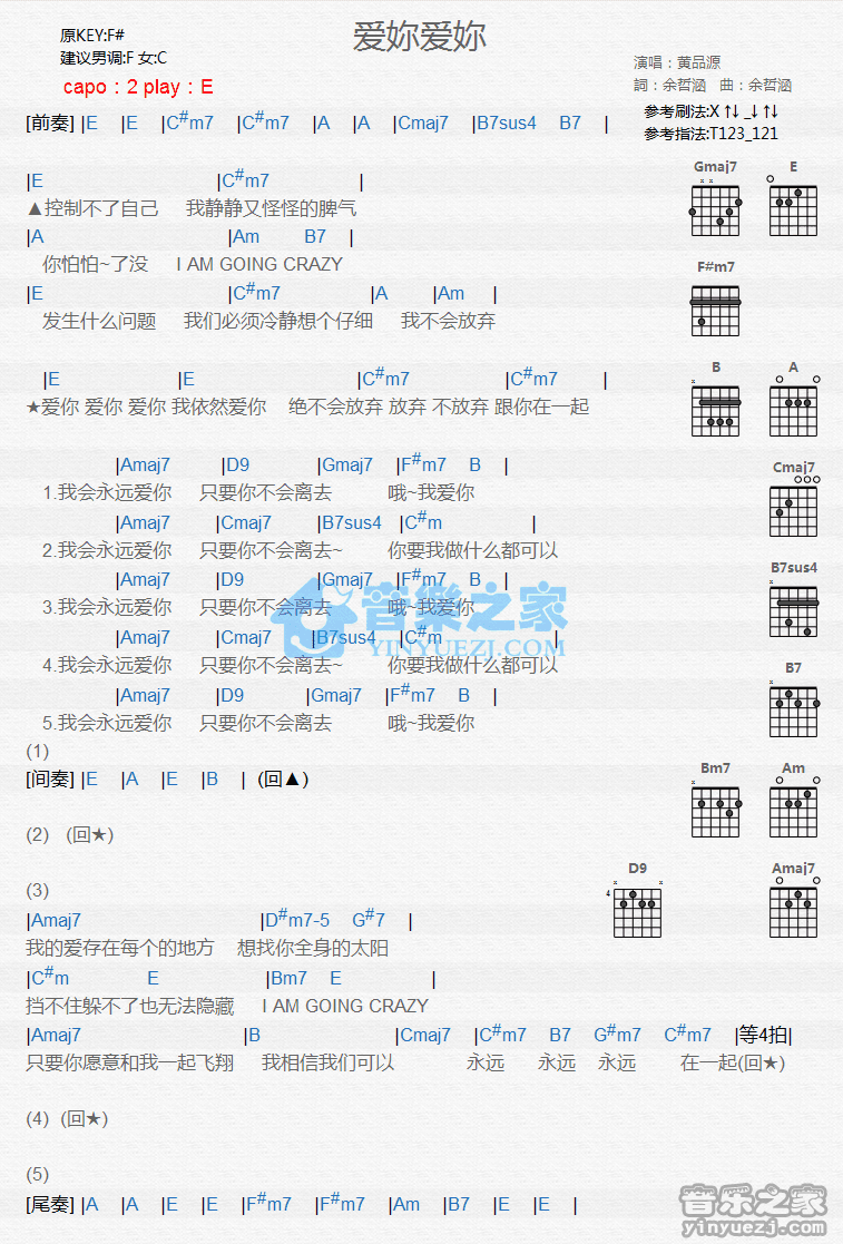 《爱你爱你吉他谱》_黄品源_E调_吉他图片谱1张 图1