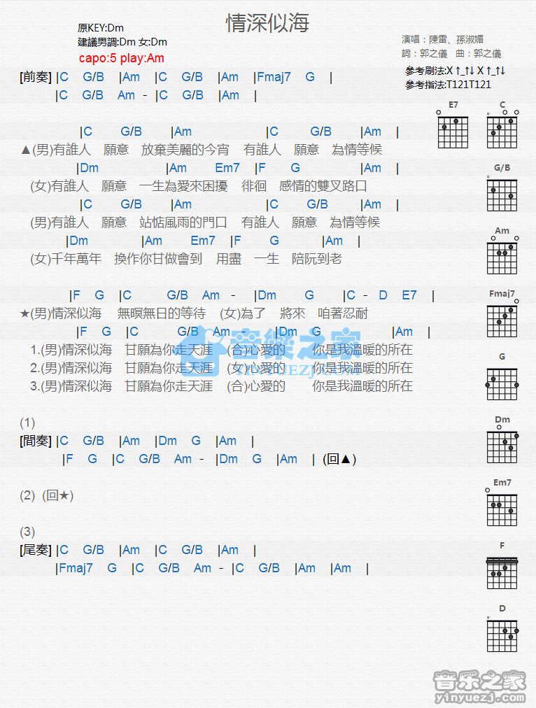 《情深似海吉他谱》_陈雷/孙淑媚_C调_吉他图片谱1张 图1