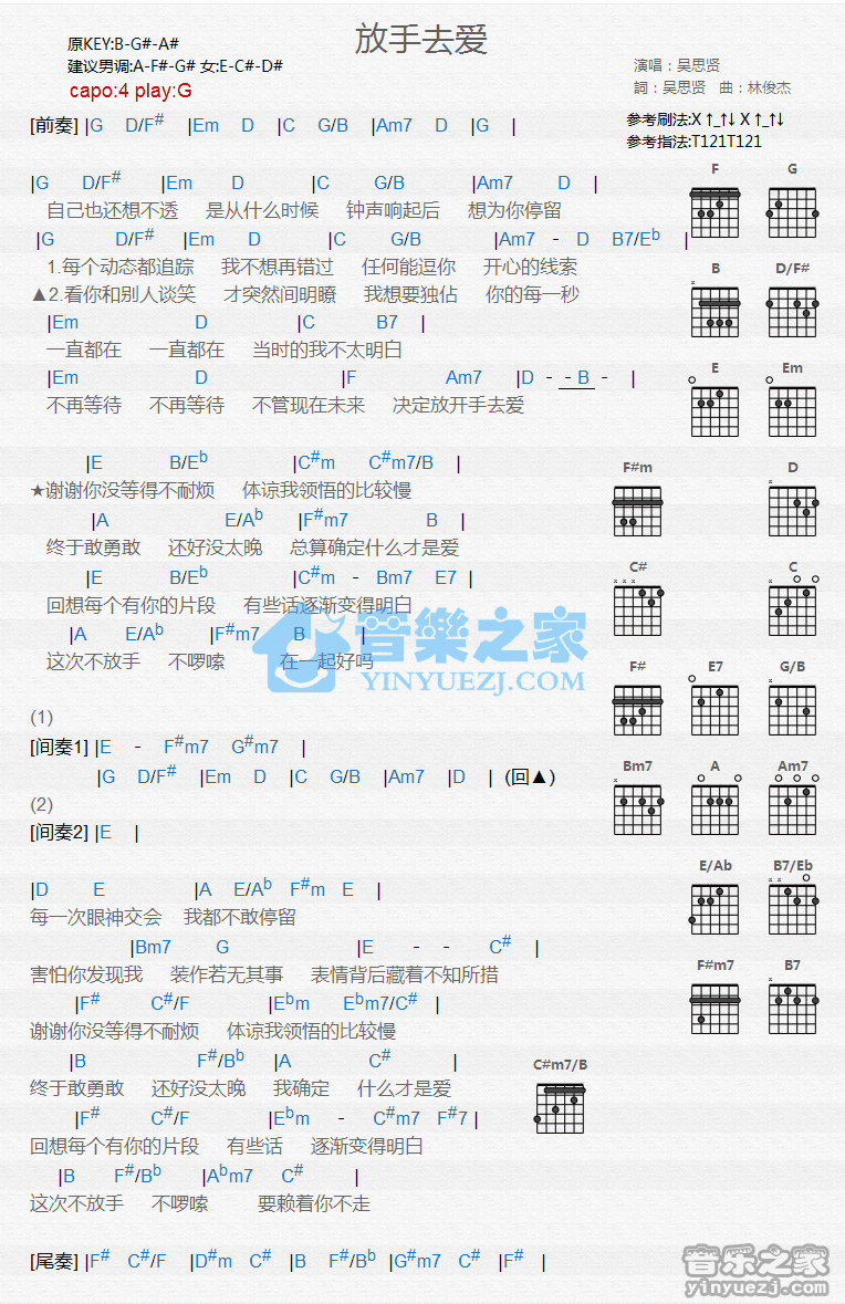 《放手去爱吉他谱》_吴思贤_G调_吉他图片谱1张 图1